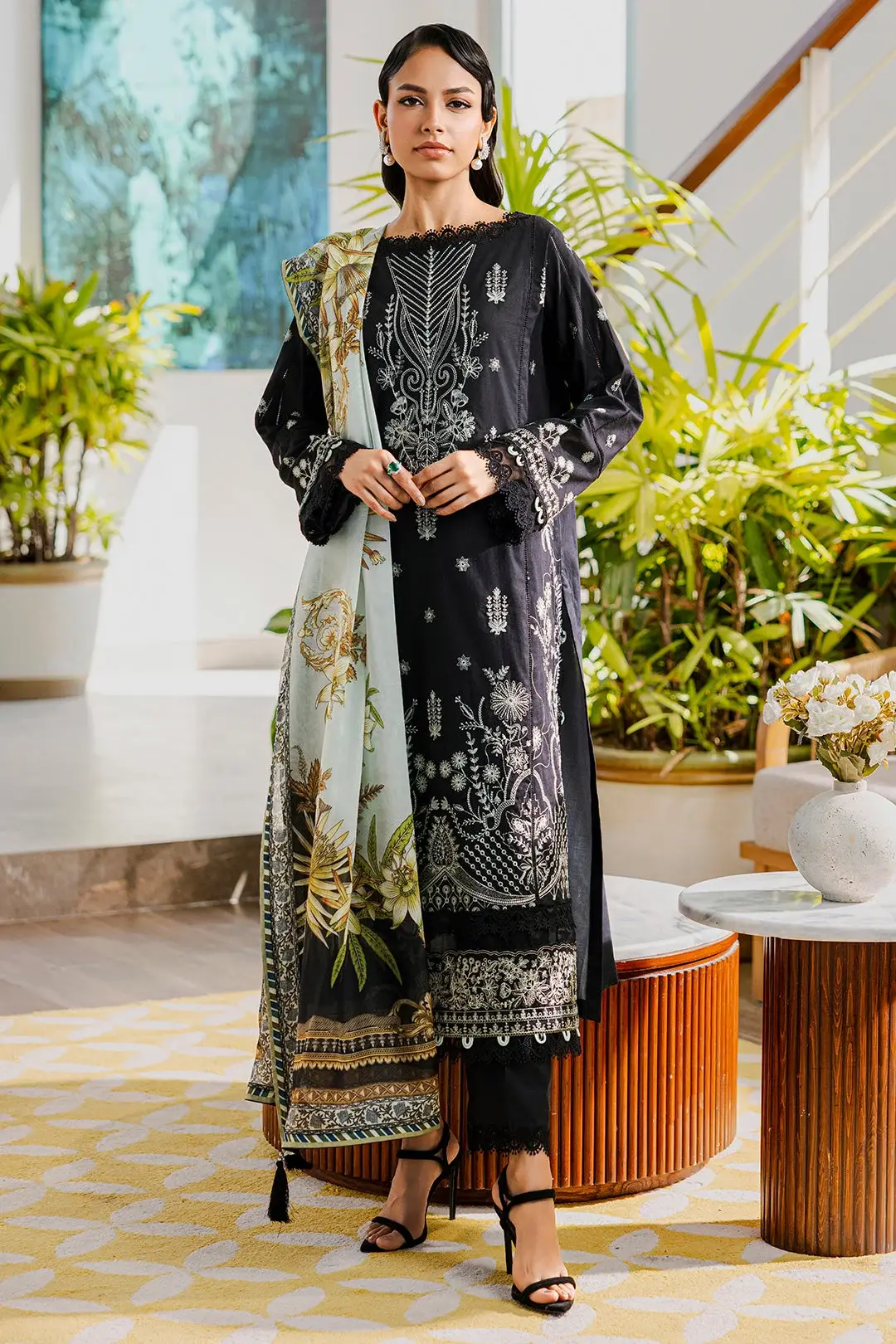 Zellbury 3 Piece Embroidered Lawn Suit in Classic Black — view 3