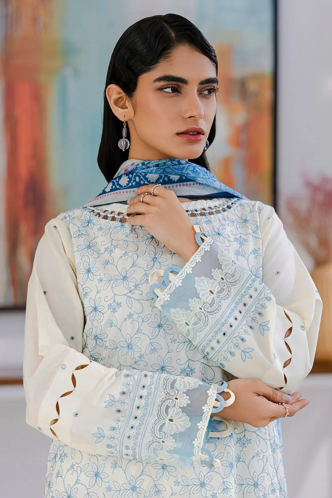 Zellbury 3 Piece Embroidered Lawn Suit in Off White — view 2