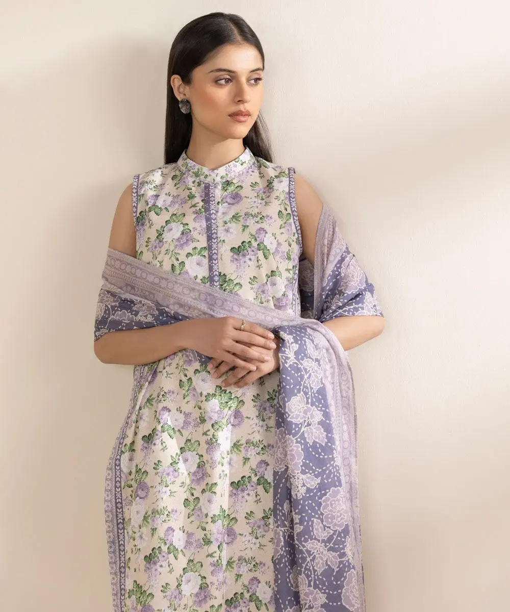 Sapphire 3 Piece Printed Lawn Suit in Off White