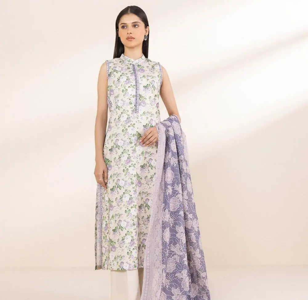 Sapphire 3 Piece Printed Lawn Suit in Off White — view 5
