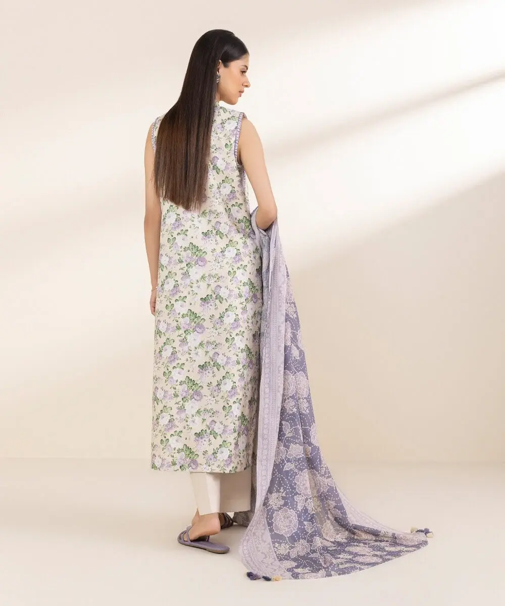 Sapphire 3 Piece Printed Lawn Suit in Off White — view 3