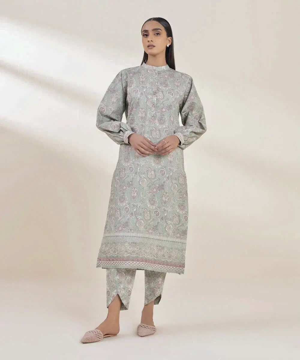 Sapphire 2 Piece Embroidered Cambric Suit in Laurel Green