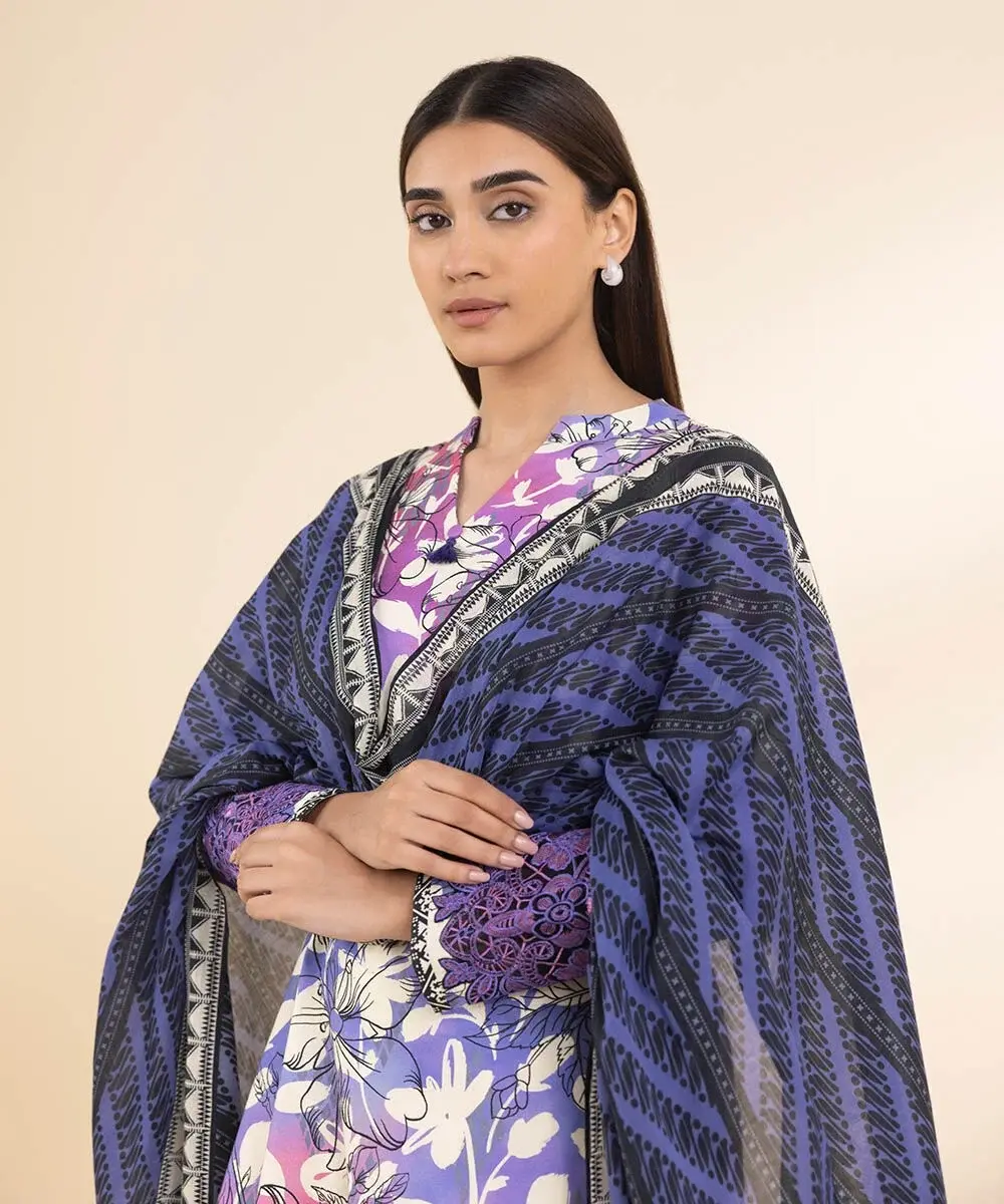 Sapphire 3 Piece Printed Cotton Suit in Bluish Purple
